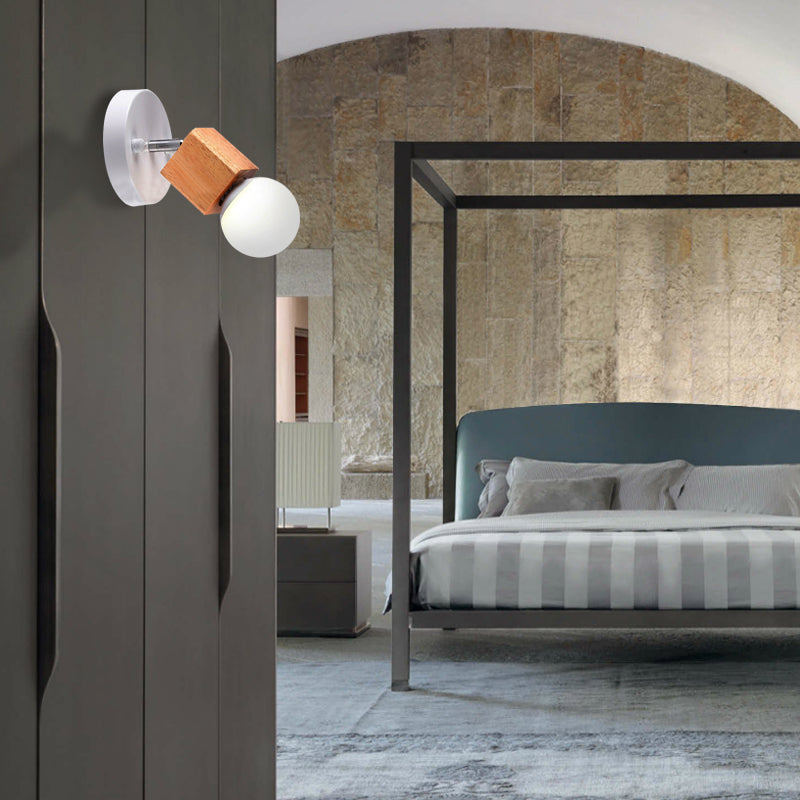 Black/White 1 Head Wall Light Sconce Industrial Style Wood Squared Wall Mount Light with Circular Backplate Clearhalo 'Industrial wall lights' 'Industrial' 'Middle century wall lights' 'Rustic wall lights' 'Tiffany' 'Wall Lamps & Sconces' 'Wall Lights' Lighting' 163806