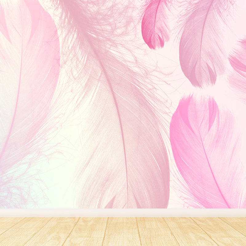Illustration Feathers Mural Decal for Girls Bedroom, Light Color, Custom Printed Pink Clearhalo 'Wall Decor' 'Wall Mural' 1638128