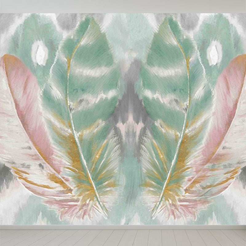 Illustration Feathers Mural Decal for Girls Bedroom, Light Color, Custom Printed Light Green Clearhalo 'Wall Decor' 'Wall Mural' 1638138