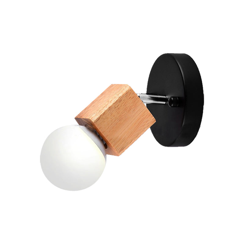 Black/White 1 Head Wall Light Sconce Industrial Style Wood Squared Wall Mount Light with Circular Backplate Clearhalo 'Industrial wall lights' 'Industrial' 'Middle century wall lights' 'Rustic wall lights' 'Tiffany' 'Wall Lamps & Sconces' 'Wall Lights' Lighting' 163814