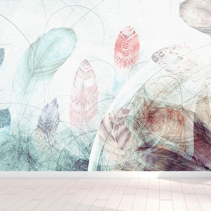 Illustration Feathers Mural Decal for Girls Bedroom, Light Color, Custom Printed Light Blue Clearhalo 'Wall Decor' 'Wall Mural' 1638143