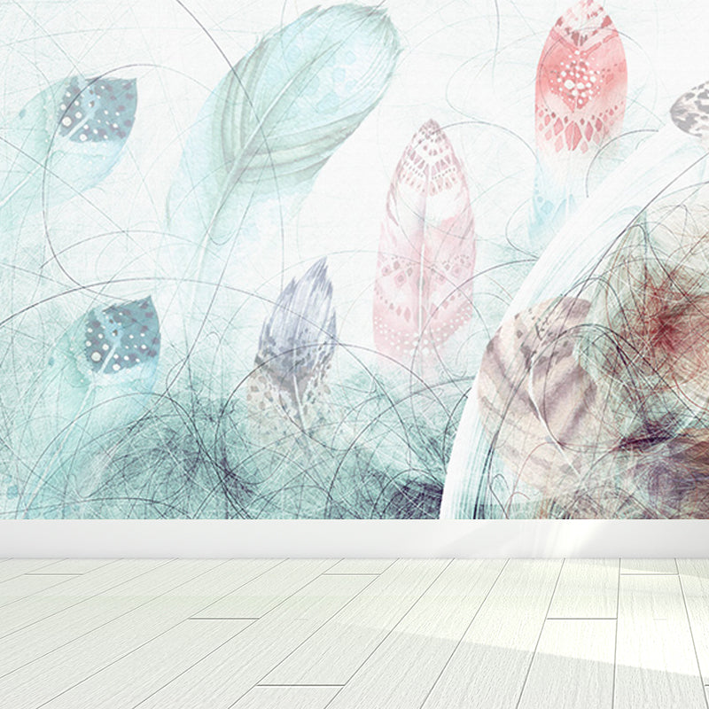 Illustration Feathers Mural Decal for Girls Bedroom, Light Color, Custom Printed Clearhalo 'Wall Decor' 'Wall Mural' 1638144