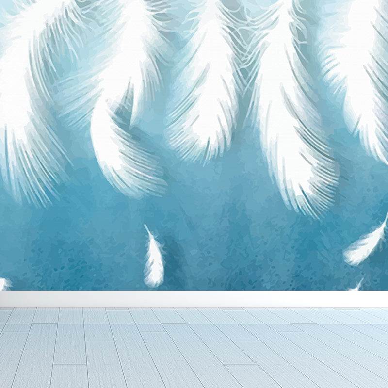 Feather Mural Wallpaper Pastel Color Contemporary Wall Covering for Girls Bedroom Blue Clearhalo 'Wall Decor' 'Wall Mural' 1638148