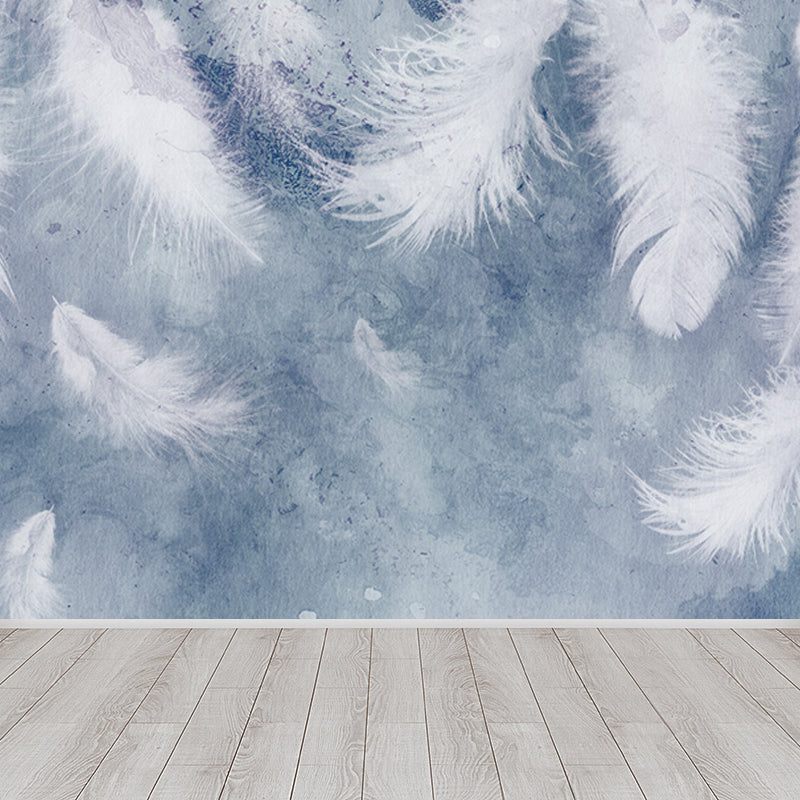 Feather Mural Wallpaper Pastel Color Contemporary Wall Covering for Girls Bedroom Gray Blue Clearhalo 'Wall Decor' 'Wall Mural' 1638153