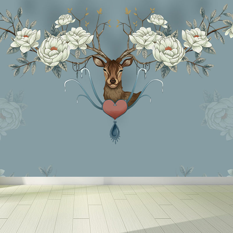 Reindeer Mural Wallpaper Modern Non-Woven Material Wall Covering in Pastel Color Light Blue Clearhalo 'Wall Decor' 'Wall Mural' 1638168