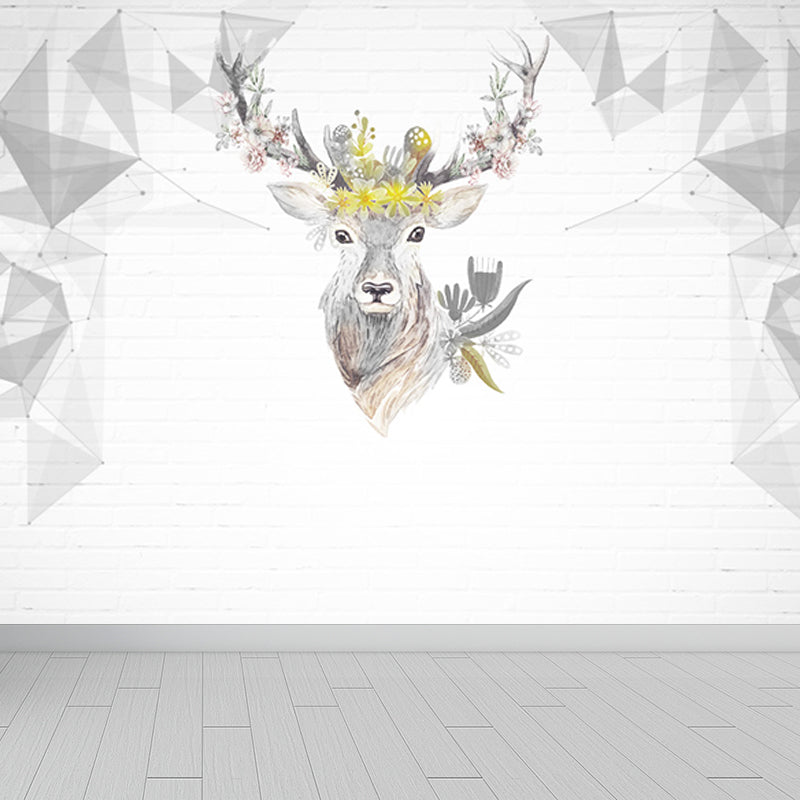 Reindeer Mural Wallpaper Modern Non-Woven Material Wall Covering in Pastel Color Light Gray Clearhalo 'Wall Decor' 'Wall Mural' 1638173