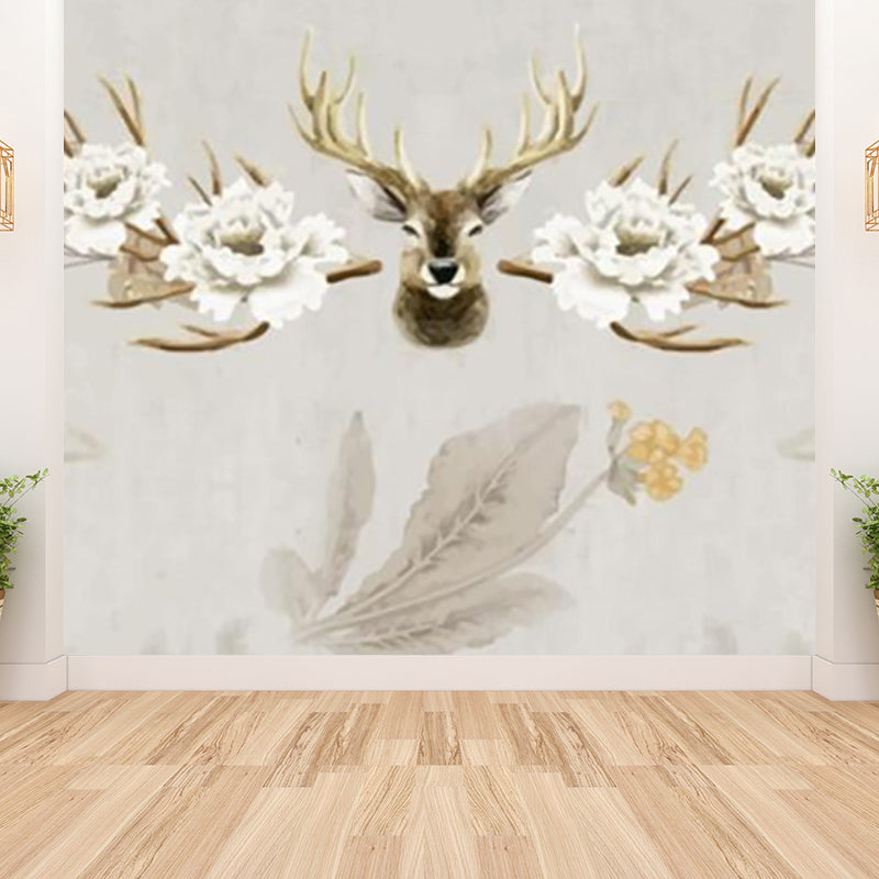 Reindeer Mural Wallpaper Modern Non-Woven Material Wall Covering in Pastel Color Light Brown Clearhalo 'Wall Decor' 'Wall Mural' 1638183
