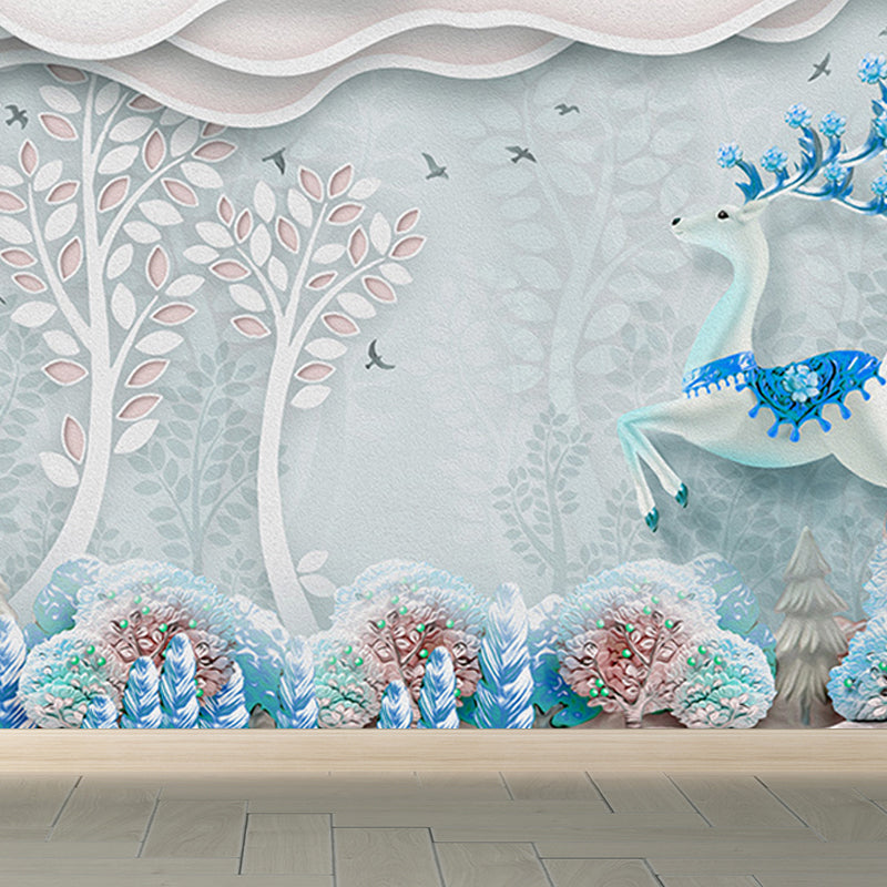 Forest Leisure Reindeer Mural Wallpaper Contemporary Non-Woven Material Wall Decor Blue Clearhalo 'Wall Decor' 'Wall Mural' 1638203