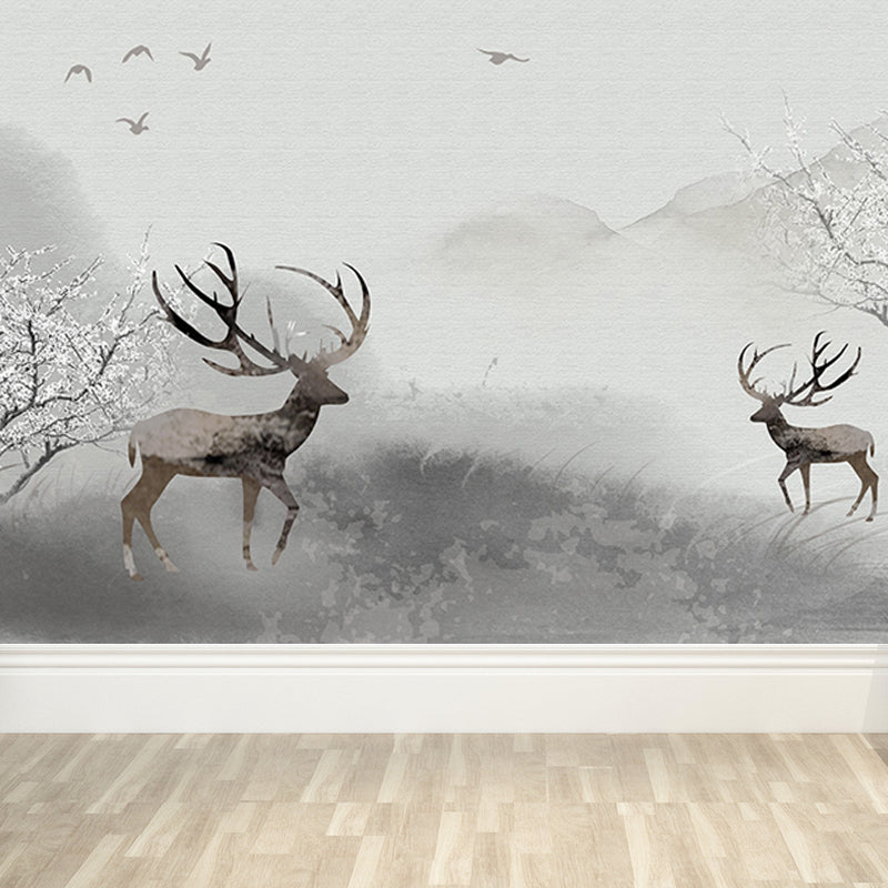 Peaceable Reindeer Mural Wallpaper Soft Color Modern Wall Covering for Living Room Grey Clearhalo 'Wall Decor' 'Wall Mural' 1638228