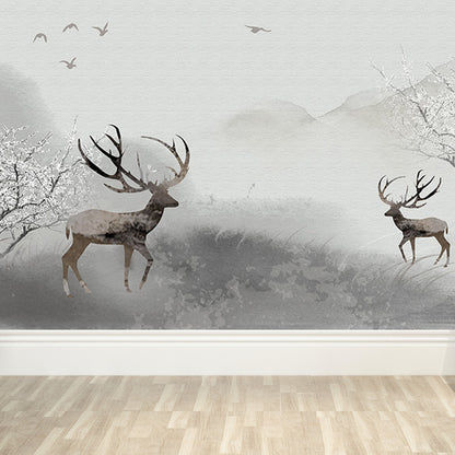 Peaceable Reindeer Mural Wallpaper Soft Color Modern Wall Covering for Living Room Grey Clearhalo 'Wall Decor' 'Wall Mural' 1638228