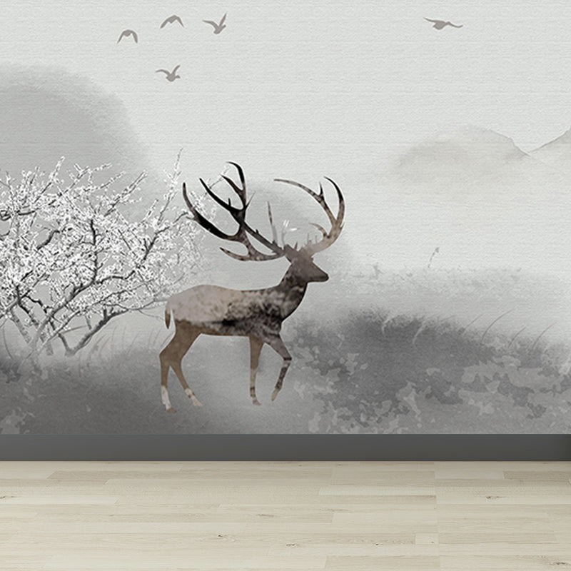 Peaceable Reindeer Mural Wallpaper Soft Color Modern Wall Covering for Living Room Clearhalo 'Wall Decor' 'Wall Mural' 1638229