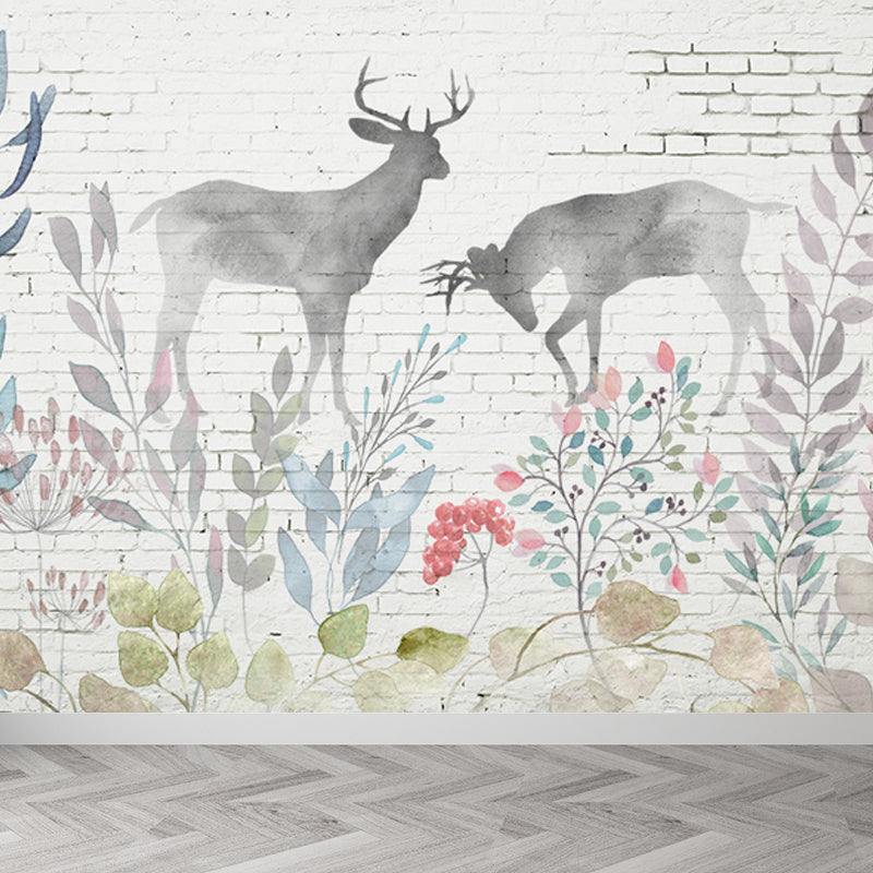 Peaceable Reindeer Mural Wallpaper Soft Color Modern Wall Covering for Living Room Light Gray Clearhalo 'Wall Decor' 'Wall Mural' 1638233