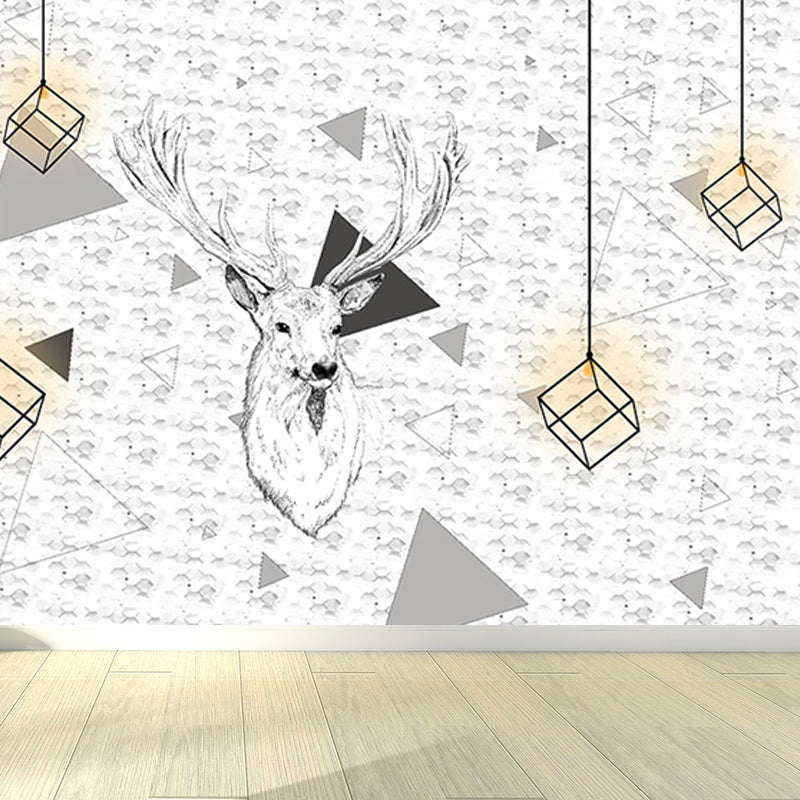 Peaceable Reindeer Mural Wallpaper Soft Color Modern Wall Covering for Living Room Gray-White Clearhalo 'Wall Decor' 'Wall Mural' 1638238