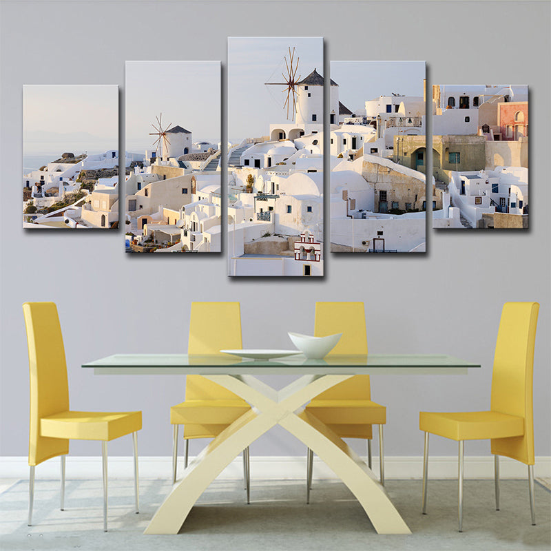 White Santorini Houses Wall Art Multi-Piece Global Inspired Bedroom Canvas Print Clearhalo 'Arts' 'Canvas Art' 1638318