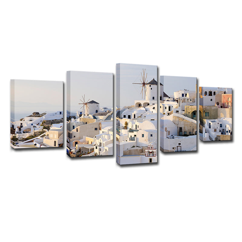 White Santorini Houses Wall Art Multi-Piece Global Inspired Bedroom Canvas Print Clearhalo 'Arts' 'Canvas Art' 1638320
