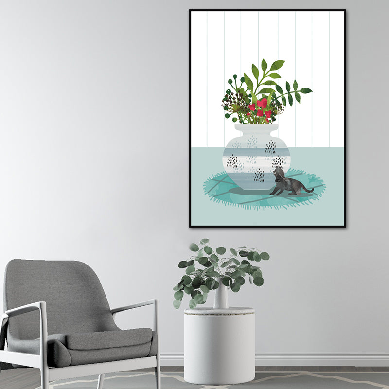 Cat and Pot Plant Art Print Soft Color Canvas Wall Decor for Living Room, Textured Surface - White - Clearhalo - 'Arts' - 'Canvas Art' - 1638352