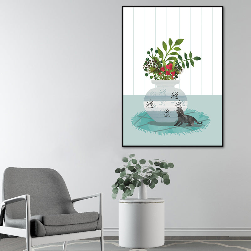 Cat and Pot Plant Art Print Soft Color Canvas Wall Decor for Living Room, Textured Surface White Clearhalo 'Arts' 'Canvas Art' 1638352