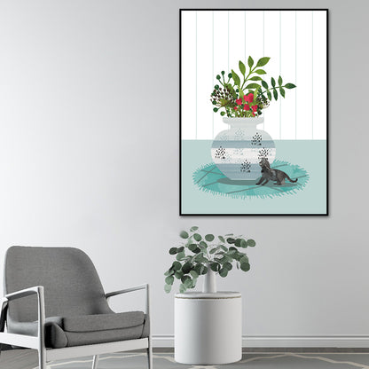 Cat and Pot Plant Art Print Soft Color Canvas Wall Decor for Living Room, Textured Surface White Clearhalo 'Arts' 'Canvas Art' 1638352