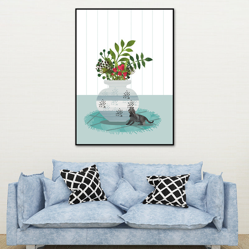 Cat and Pot Plant Art Print Soft Color Canvas Wall Decor for Living Room, Textured Surface Clearhalo 'Arts' 'Canvas Art' 1638353