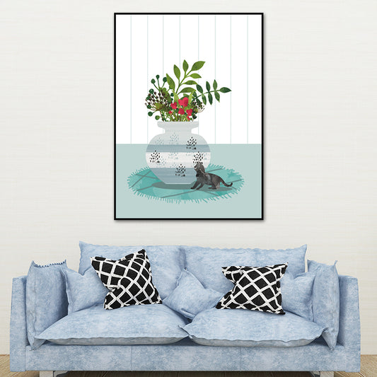 Cat and Pot Plant Art Print Soft Color Canvas Wall Decor for Living Room, Textured Surface - Clearhalo - 'Arts' - 'Canvas Art' - 1638353