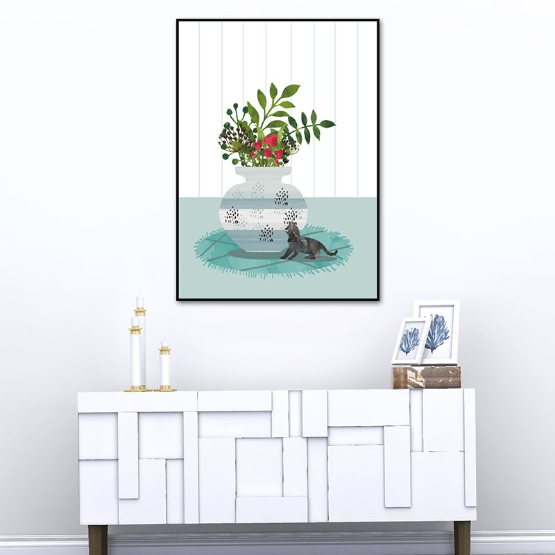 Cat and Pot Plant Art Print Soft Color Canvas Wall Decor for Living Room, Textured Surface - Clearhalo - 'Arts' - 'Canvas Art' - 1638354
