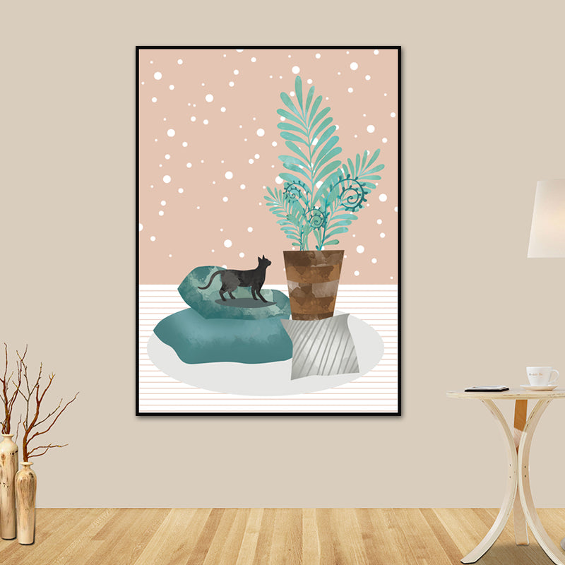 Cat and Pot Plant Art Print Soft Color Canvas Wall Decor for Living Room, Textured Surface - Pink - Clearhalo - 'Arts' - 'Canvas Art' - 1638359