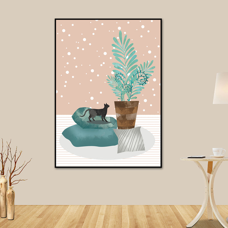 Cat and Pot Plant Art Print Soft Color Canvas Wall Decor for Living Room, Textured Surface Pink Clearhalo 'Arts' 'Canvas Art' 1638359