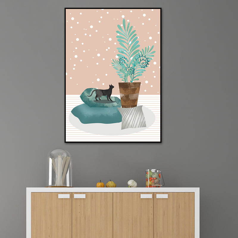 Cat and Pot Plant Art Print Soft Color Canvas Wall Decor for Living Room, Textured Surface - Clearhalo - 'Arts' - 'Canvas Art' - 1638360