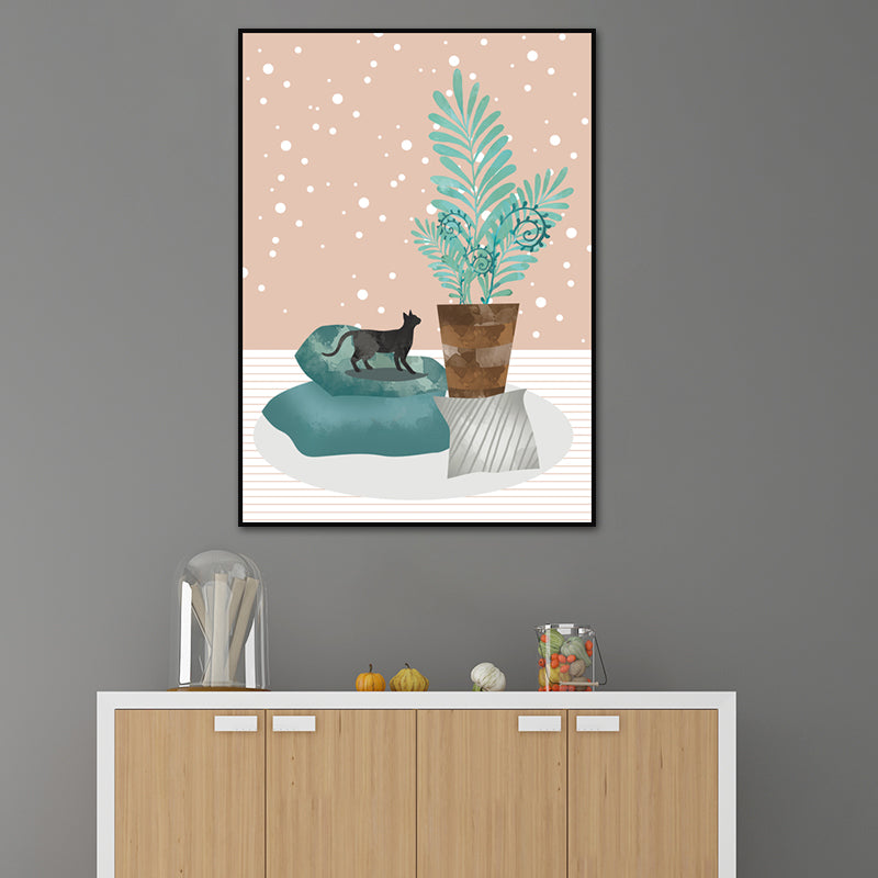 Cat and Pot Plant Art Print Soft Color Canvas Wall Decor for Living Room, Textured Surface Clearhalo 'Arts' 'Canvas Art' 1638360