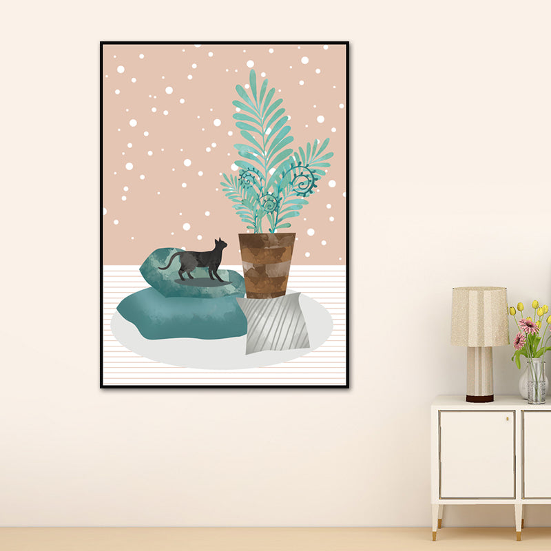 Cat and Pot Plant Art Print Soft Color Canvas Wall Decor for Living Room, Textured Surface - Clearhalo - 'Arts' - 'Canvas Art' - 1638361