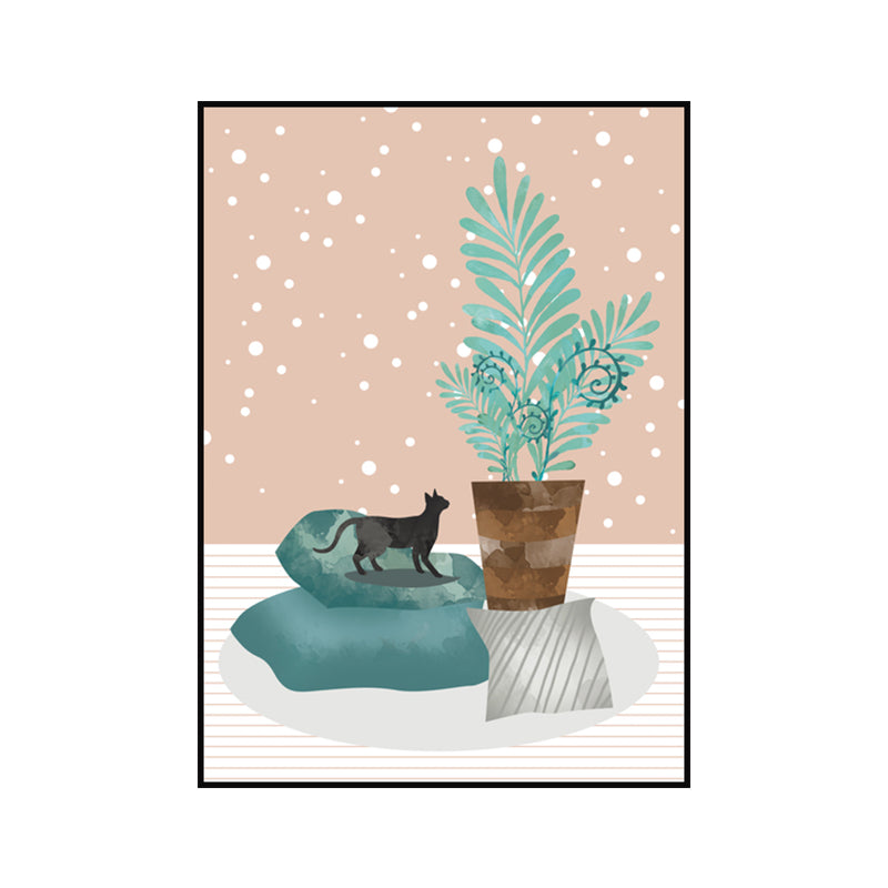 Cat and Pot Plant Art Print Soft Color Canvas Wall Decor for Living Room, Textured Surface - Clearhalo - 'Arts' - 'Canvas Art' - 1638362