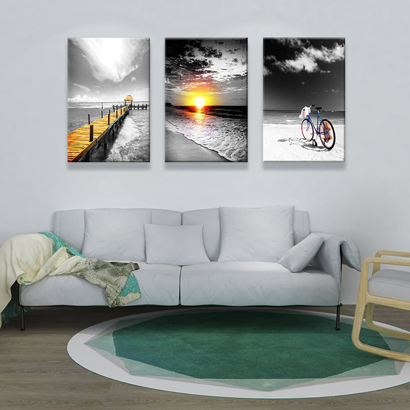 Tropix Beach Seascape Wall Art Set Grey and Yellow Textured Canvas for House Interior Grey Clearhalo 'Art Gallery' 'Canvas Art' 'Coastal Art Gallery' 'Nautical' Arts' 1638415