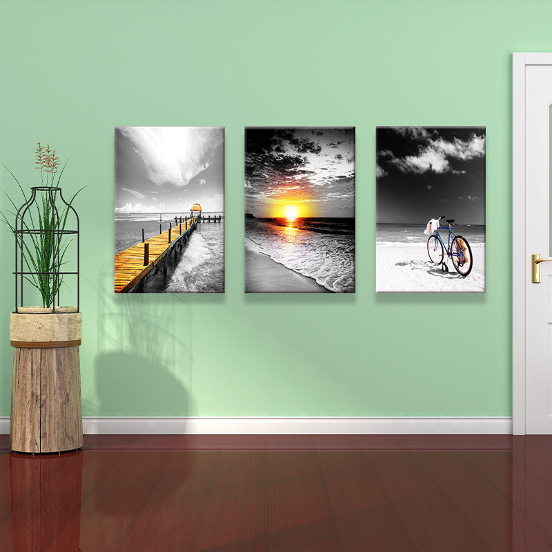 Tropix Beach Seascape Wall Art Set Grey and Yellow Textured Canvas for House Interior Clearhalo 'Art Gallery' 'Canvas Art' 'Coastal Art Gallery' 'Nautical' Arts' 1638416