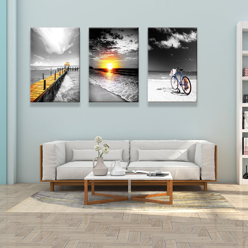 Tropix Beach Seascape Wall Art Set Grey and Yellow Textured Canvas for House Interior Clearhalo 'Art Gallery' 'Canvas Art' 'Coastal Art Gallery' 'Nautical' Arts' 1638417