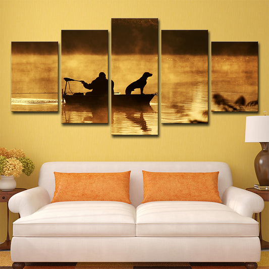Fisherman and His Dog Canvas Print Brown Modern Style Wall Art Decor for Living Room Brown Clearhalo 'Art Gallery' 'Canvas Art' 'Contemporary Art Gallery' 'Modern' Arts' 1638492