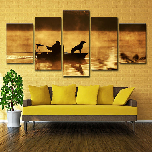 Fisherman and His Dog Canvas Print Brown Modern Style Wall Art Decor for Living Room Clearhalo 'Art Gallery' 'Canvas Art' 'Contemporary Art Gallery' 'Modern' Arts' 1638493