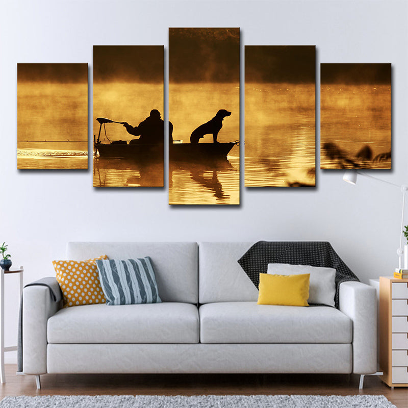 Fisherman and His Dog Canvas Print Brown Modern Style Wall Art Decor for Living Room Clearhalo 'Art Gallery' 'Canvas Art' 'Contemporary Art Gallery' 'Modern' Arts' 1638494