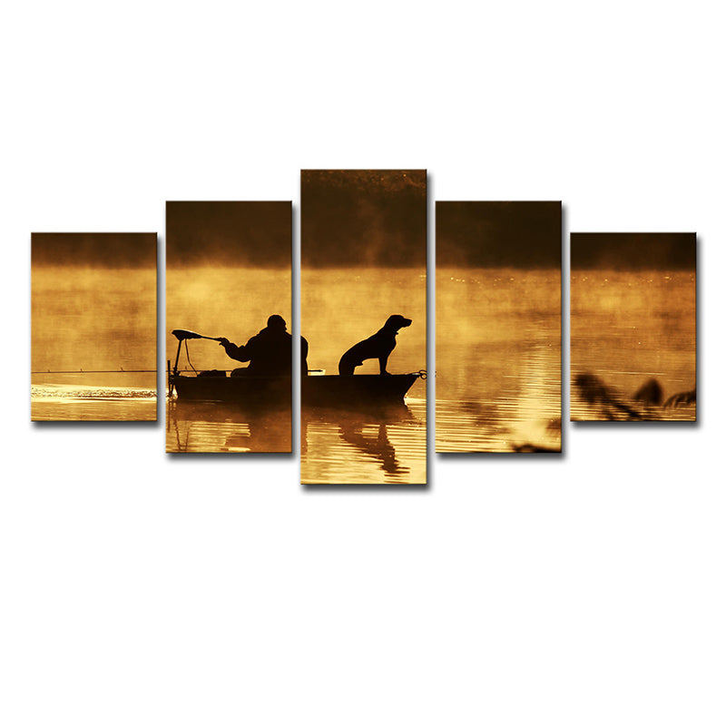 Fisherman and His Dog Canvas Print Brown Modern Style Wall Art Decor for Living Room Clearhalo 'Art Gallery' 'Canvas Art' 'Contemporary Art Gallery' 'Modern' Arts' 1638495