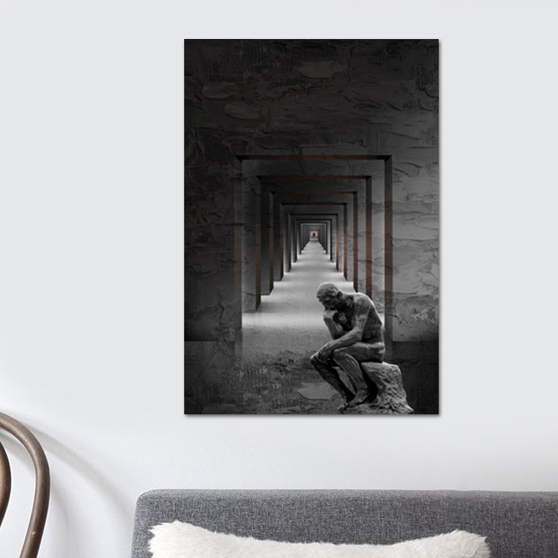 Grey Contemporary Canvas Wall Art Square Hallway and the Thinker Statue Wall Decor for Room Grey Clearhalo 'Art Gallery' 'Canvas Art' 'Contemporary Art Gallery' 'Modern' Arts' 1638506