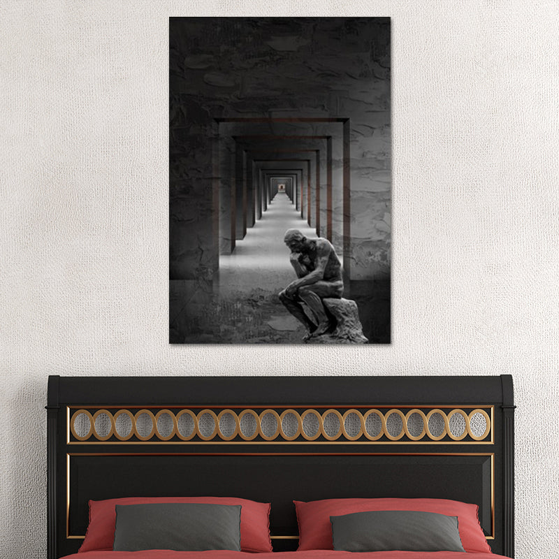 Grey Contemporary Canvas Wall Art Square Hallway and the Thinker Statue Wall Decor for Room Clearhalo 'Art Gallery' 'Canvas Art' 'Contemporary Art Gallery' 'Modern' Arts' 1638507