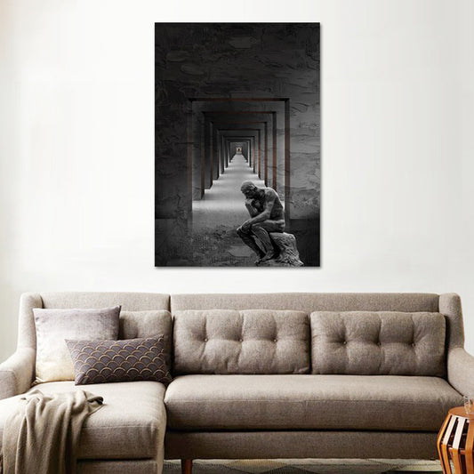 Grey Contemporary Canvas Wall Art Square Hallway and the Thinker Statue Wall Decor for Room Clearhalo 'Art Gallery' 'Canvas Art' 'Contemporary Art Gallery' 'Modern' Arts' 1638508