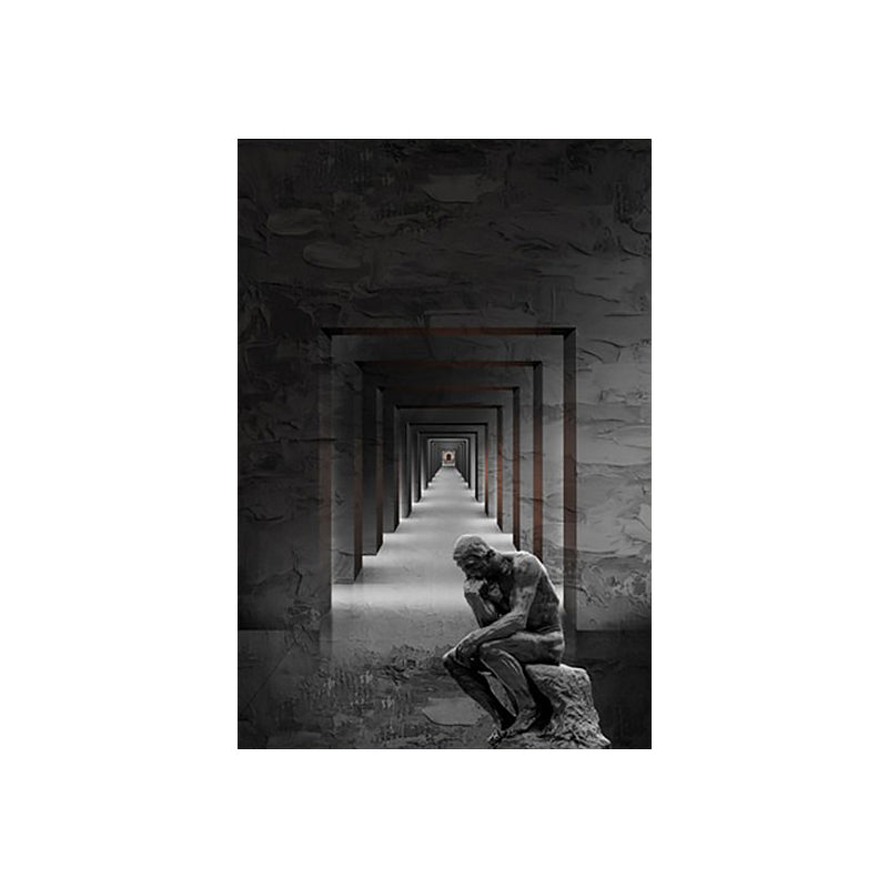 Grey Contemporary Canvas Wall Art Square Hallway and the Thinker Statue Wall Decor for Room Clearhalo 'Art Gallery' 'Canvas Art' 'Contemporary Art Gallery' 'Modern' Arts' 1638509