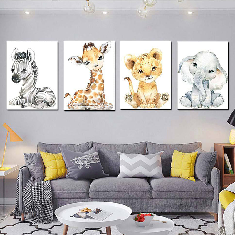 Cute Cartoon Animal Painting Canvas Wall Art for Baby Room, White, Textured Surface Clearhalo 'Art Gallery' 'Canvas Art' 'Kids' Arts' 1638535
