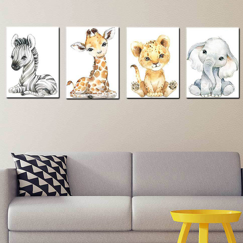 Cute Cartoon Animal Painting Canvas Wall Art for Baby Room, White, Textured Surface Clearhalo 'Art Gallery' 'Canvas Art' 'Kids' Arts' 1638536