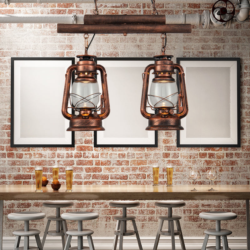 Bronze/Copper Lantern Island Light Fixture Coastal Clear Glass 2-Bulb Kitchen Hanging Lamp Copper Clearhalo 'Ceiling Lights' 'Glass shade' 'Glass' 'Island Lights' 'Pendant Lights' Lighting' 163857