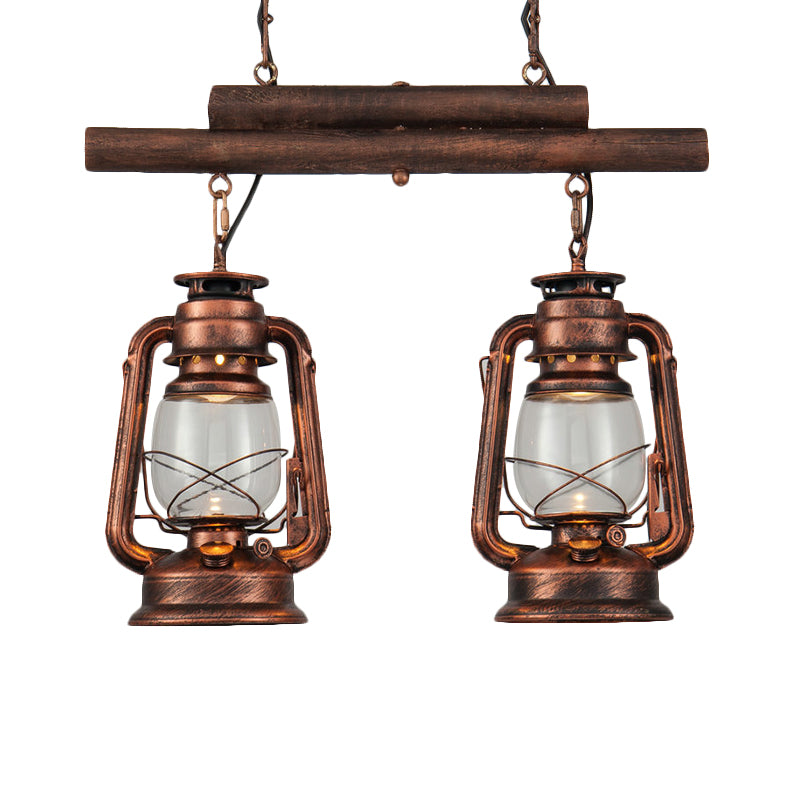Bronze/Copper Lantern Island Light Fixture Coastal Clear Glass 2-Bulb Kitchen Hanging Lamp Clearhalo 'Ceiling Lights' 'Glass shade' 'Glass' 'Island Lights' 'Pendant Lights' Lighting' 163859