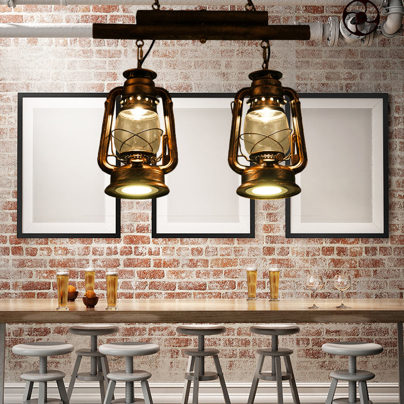 Bronze/Copper Lantern Island Light Fixture Coastal Clear Glass 2-Bulb Kitchen Hanging Lamp Brass Clearhalo 'Ceiling Lights' 'Glass shade' 'Glass' 'Island Lights' 'Pendant Lights' Lighting' 163861
