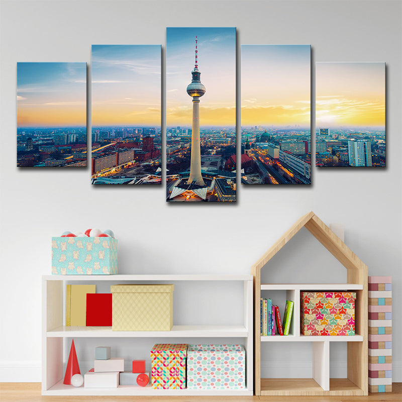 Yellow Sundown Cityscape Canvas Art Berlin TV Tower Global Inspired Multi-Piece Wall Decor Yellow Clearhalo 'Arts' 'Canvas Art' 1638611
