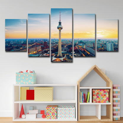 Yellow Sundown Cityscape Canvas Art Berlin TV Tower Global Inspired Multi-Piece Wall Decor Yellow Clearhalo 'Arts' 'Canvas Art' 1638611