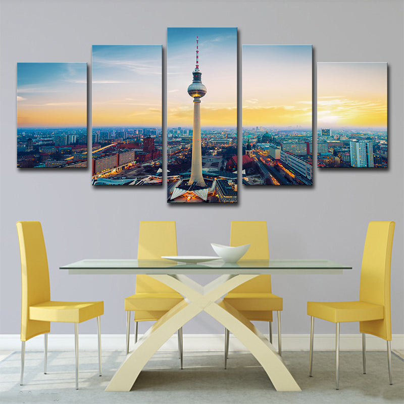 Yellow Sundown Cityscape Canvas Art Berlin TV Tower Global Inspired Multi-Piece Wall Decor Clearhalo 'Arts' 'Canvas Art' 1638612